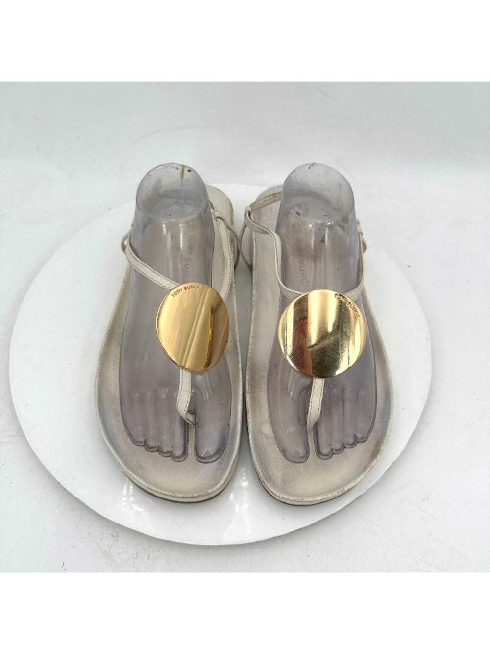 Tory Burch Patos Disk Women Size 10.5M Ivory Leather Gold Strap Thong Sandal